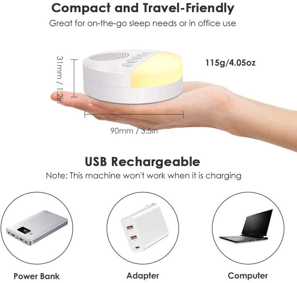 1200 mAh tragbare, über USB wiederaufladbare White Noise-Maschine mit Nachtlicht, 9 beruhigenden Geräuschen, Timer-Abschaltung für den Heim-/Bürogebrauch