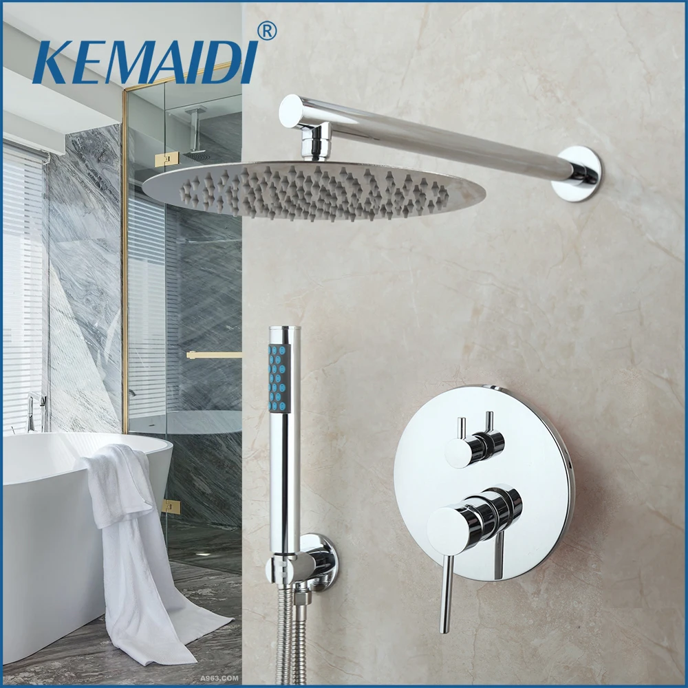 

KEMAIDI Chrome Plated Bathroom Shower Faucet Sets Wall Mounted Round Rainfall Shower Systerm Dual Handle Bathtub Mixer Tap