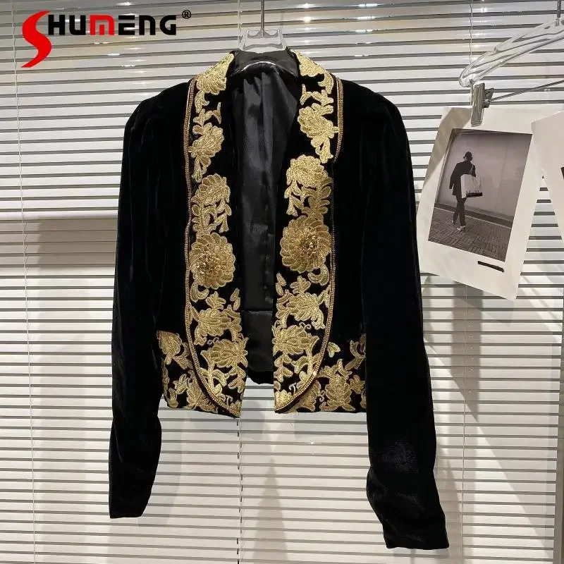 

2024 New Autumn Women's Chinese Style Gold Thread Embroidered Blazers Ladies Fashion Neckline Sleeve Gold Velvet Suit Jacket