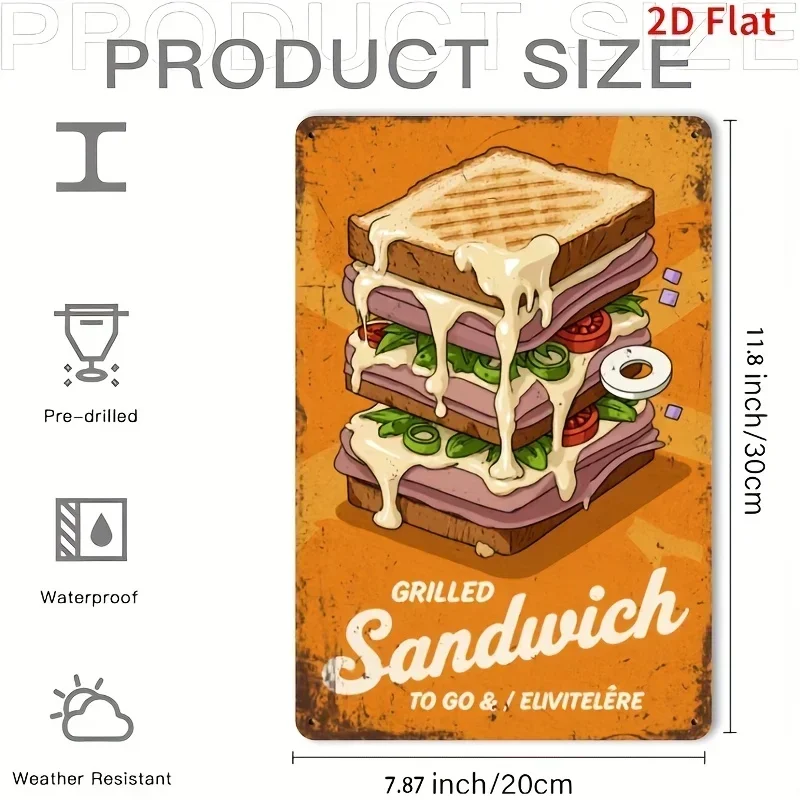 2D Flat, 1pc Retro Grilled Cheese & Sandwich Metal Wall Sign - 8x12 Inch Vintage Diner Decor with Melted Cheese, Tomato, Lettuce