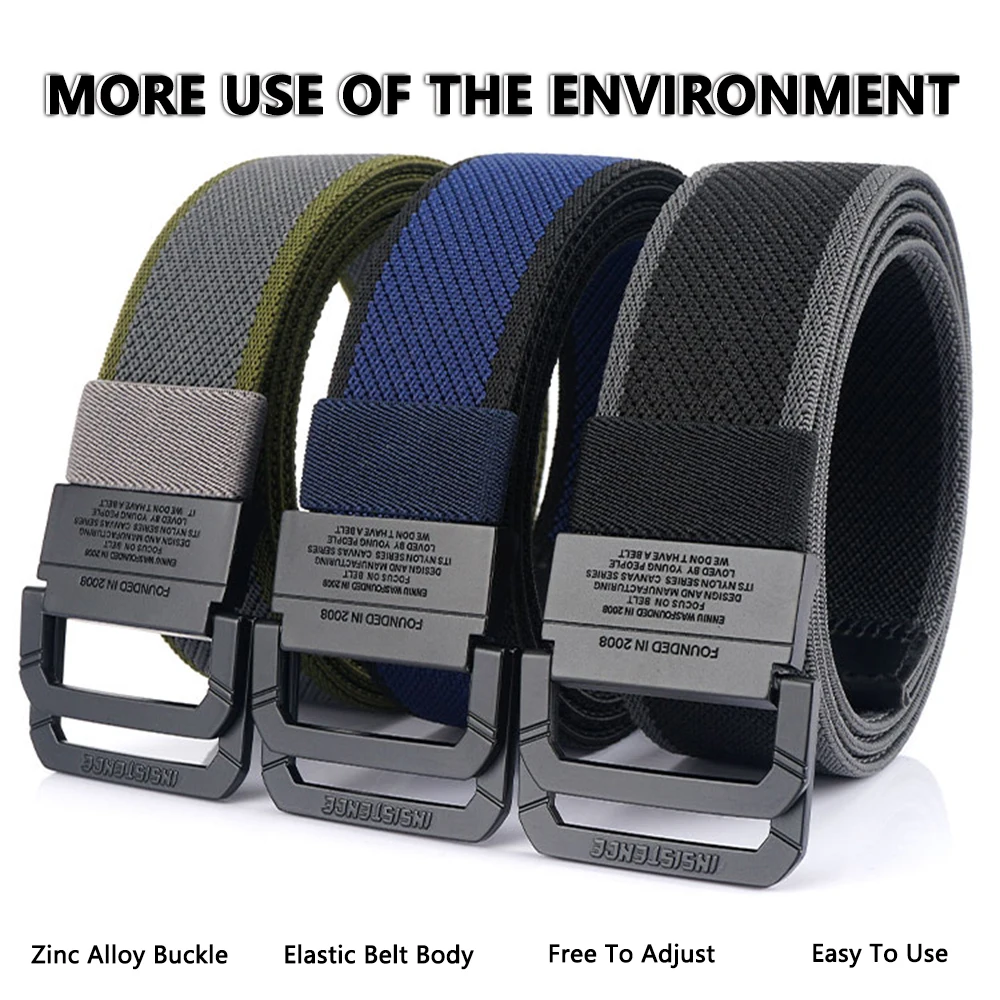 TUSHI Double Metal Buckle Belt Elastic Nylon Elastic Men's Trendy Casual Belt Canvas Braided Belt Military Tactical Belt Male
