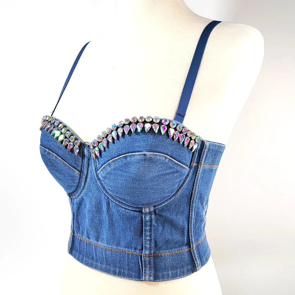 Sexy Goth Blue Denim Bras Top with Drop-shaped Rhinestones for Women AB Color Crystal Blue Jeans Push Up Bra Crop Top Corset