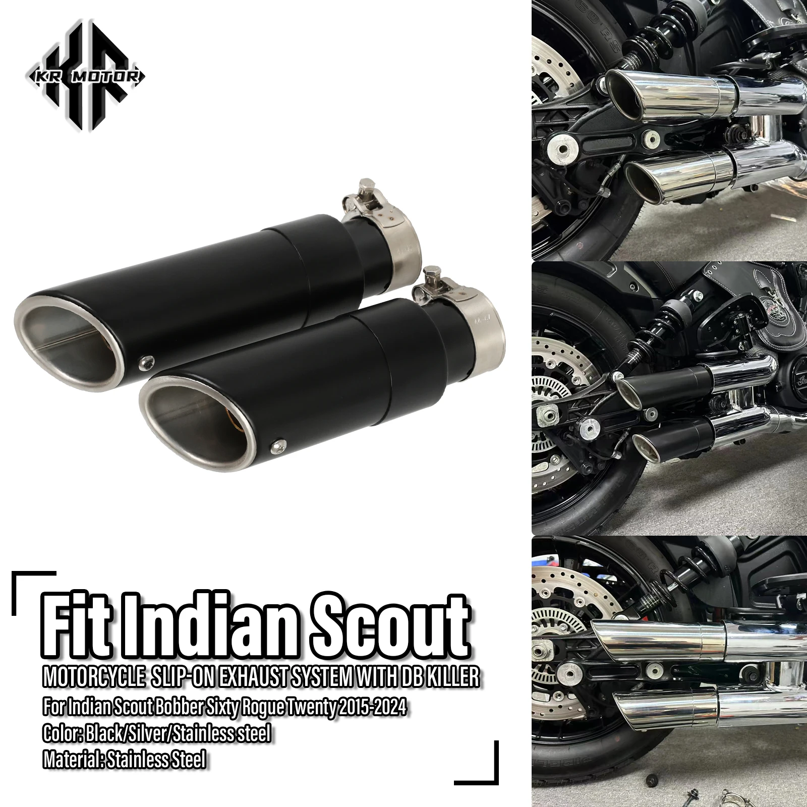 KR For Indian Scout Bobber Sixty Rogue Twenty 2015-2024 Slip-On Exhaust System Short GP Slip Ons Mufflers With DB Killer Exhaust