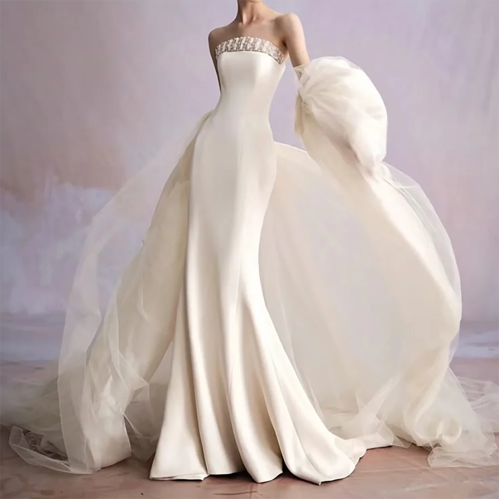 Robes de mariée sirène classiques sans bretelles en Satin avec perles, sans manches, personnalisées