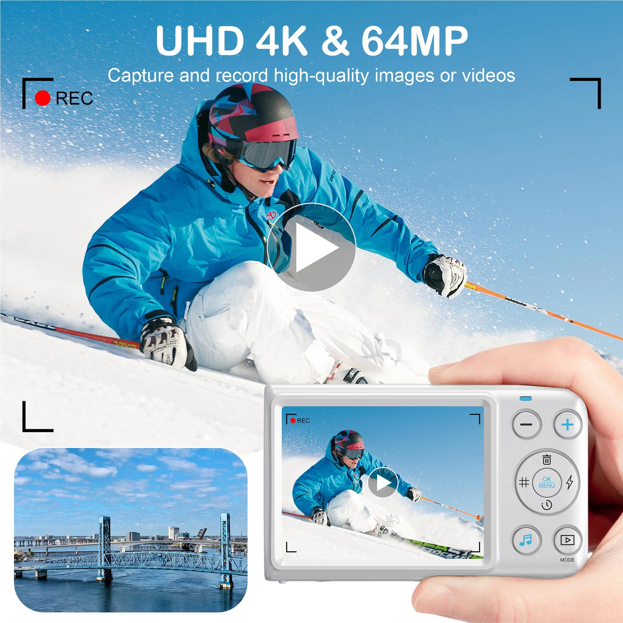 4K Digital Cameras for Photography 64MP 18X Digital Zoom Compact Cameras Beginner YouTube Vlogging Recording Video Cameras White