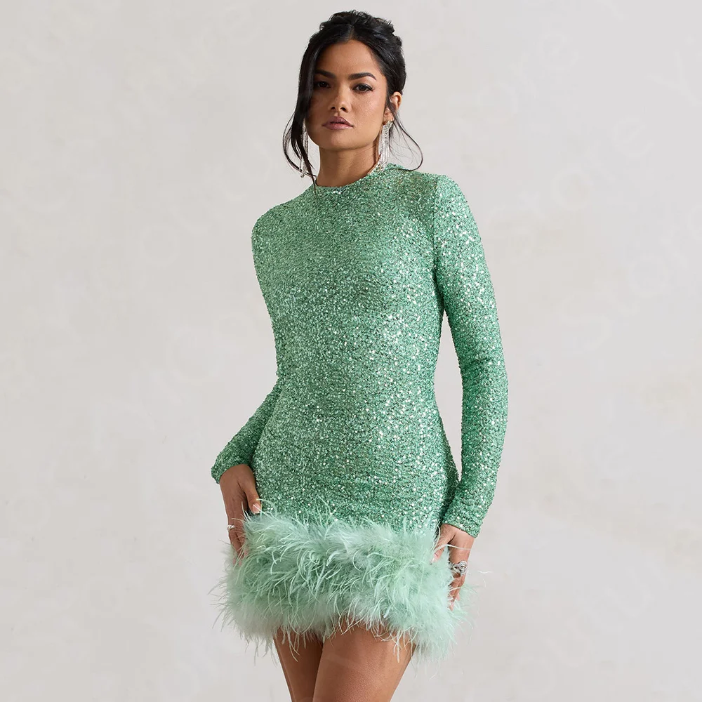 

Sparkling Green Cocktail Dresses Long Sleeves Homecoming Gowns Mini Length Pageant Dress Sequined Feather Gown Party Gowns 2024