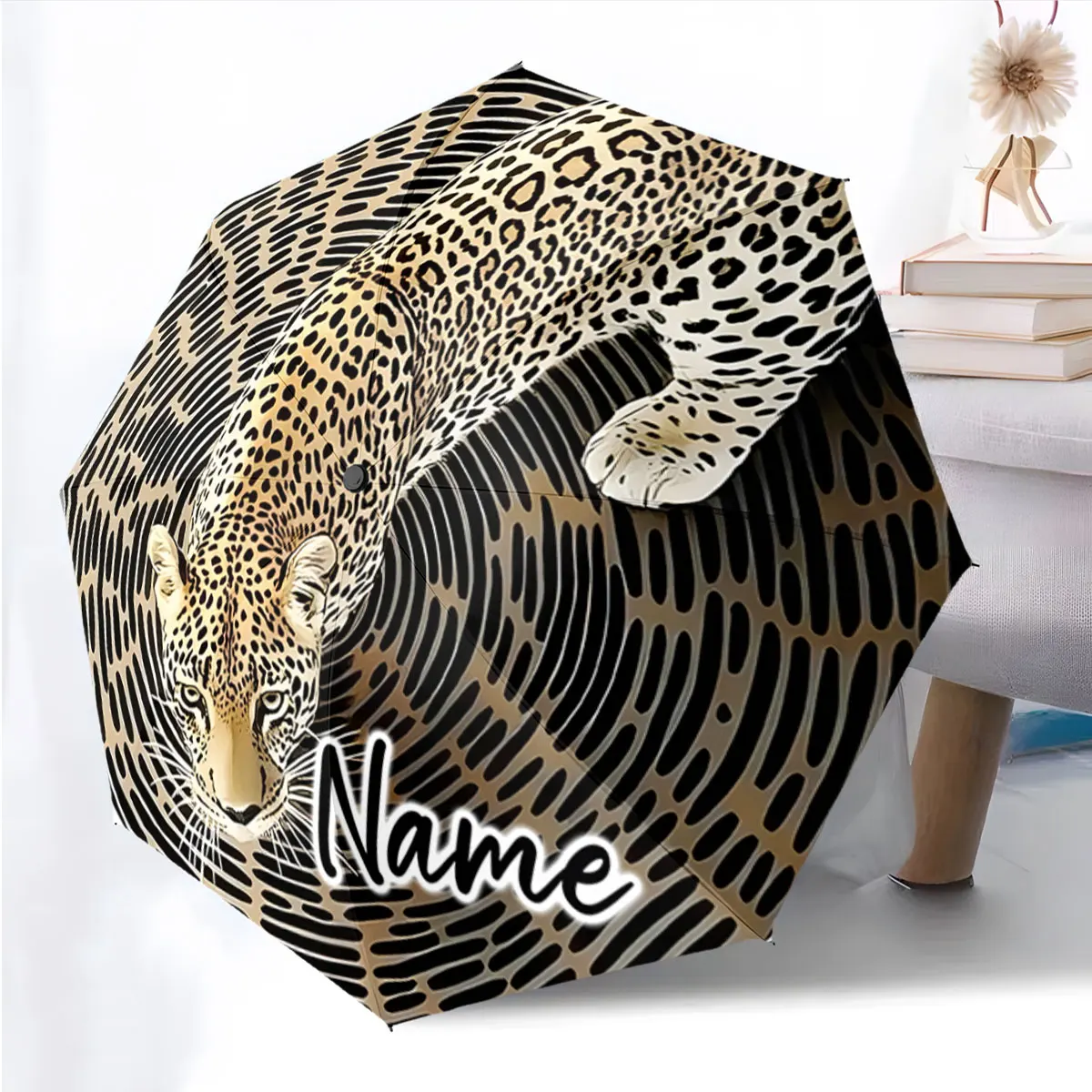 Custom Name Umbrella Leopard Design Umbrella with Custom Name Print 8 Iron Ribs Folding Umbrella Auto-Open Fashion Sunshade