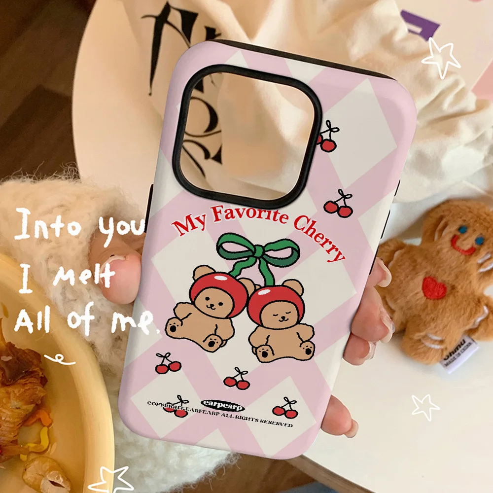 

Ins Pink Cherry Teddy Bear Cute Phone Case for IPHONE 15PRO MAX 14 13 12 11 PRO Plus Acrylic TPU Two in One Mobile Phone Cases