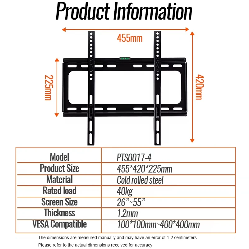 Universal TV Wall Mount Bracket for Most 26-55 Inch LED Plasma TV Mount up to VESA 400x400mm and 110 LBS Loading Capacity