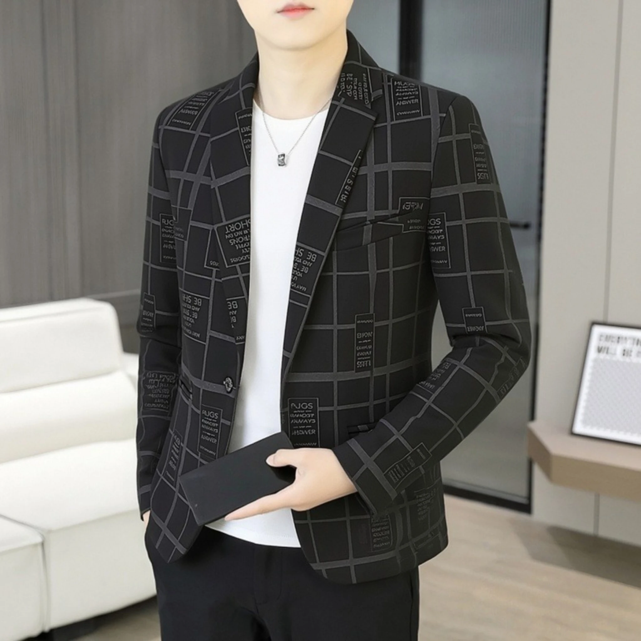 Men's Thin Suit Jacket Spring Summer Fashion Personalized Plaid One Button Formal Gentleman Top Urban Business Office Banquet