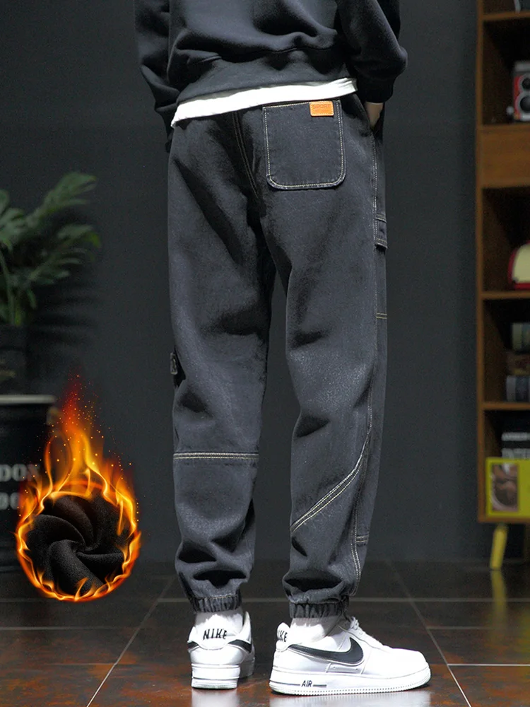 Winter Thick Warm Jeans Men Fleece Liner Drawstring Black Joggers Denim Cargo Pants Male Cotton Casual Thermal Trousers 8XL