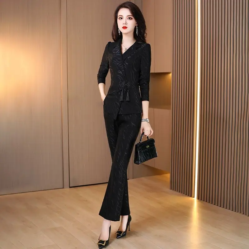 Fashion Jacquard Suit Collar Professional Set for Women's 2024 New Spring Fashionable Style Slim Wide Leg Pants 2-piece Set