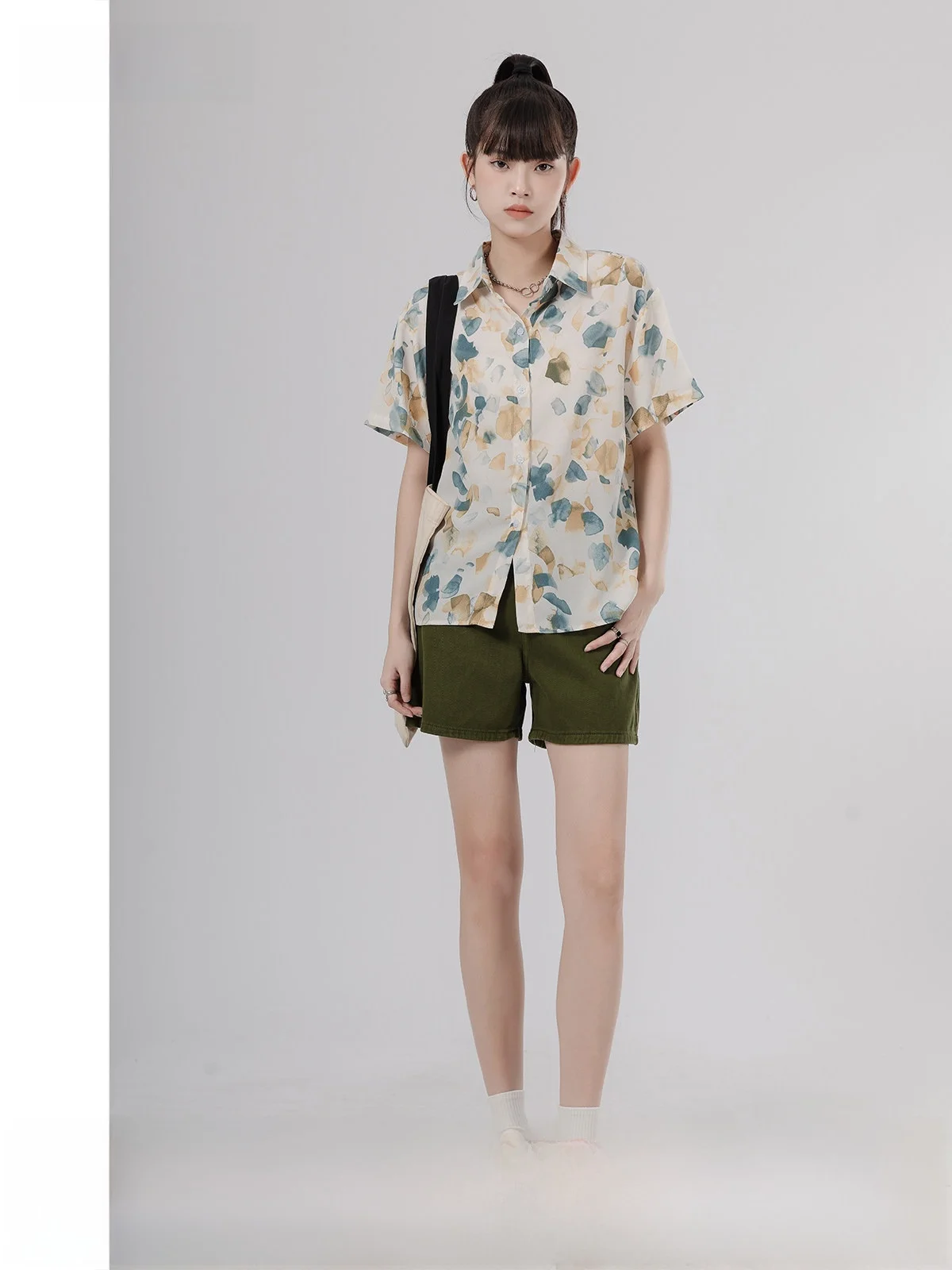 

MoZa Design Floral Print ort Sve Women's irt Sweet Base Layer Top Korean Sle Breathable Polyester Blend Casual Commute