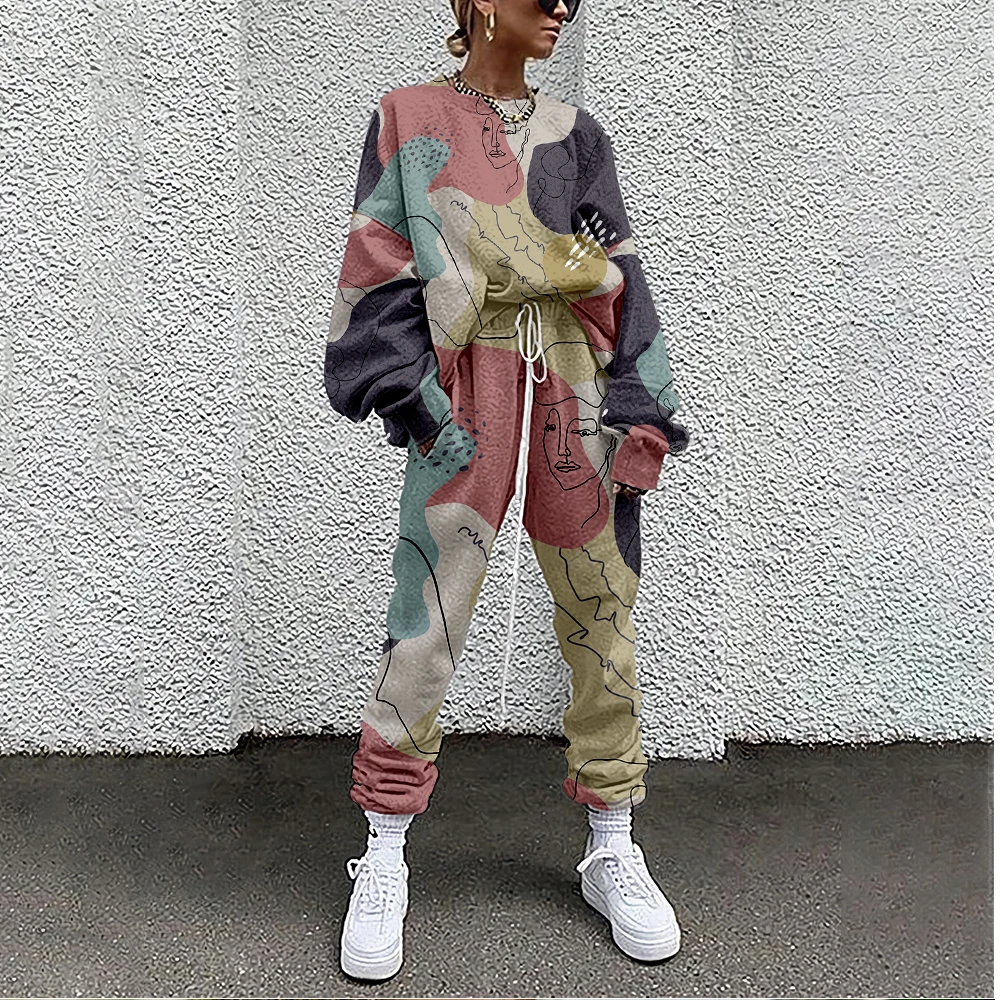 Women Tracksuit Line Drawing Print 2 Piece Outfit Sweatshirt+Straight Sweatpants Matching Set Fitness Sporty Streetwear