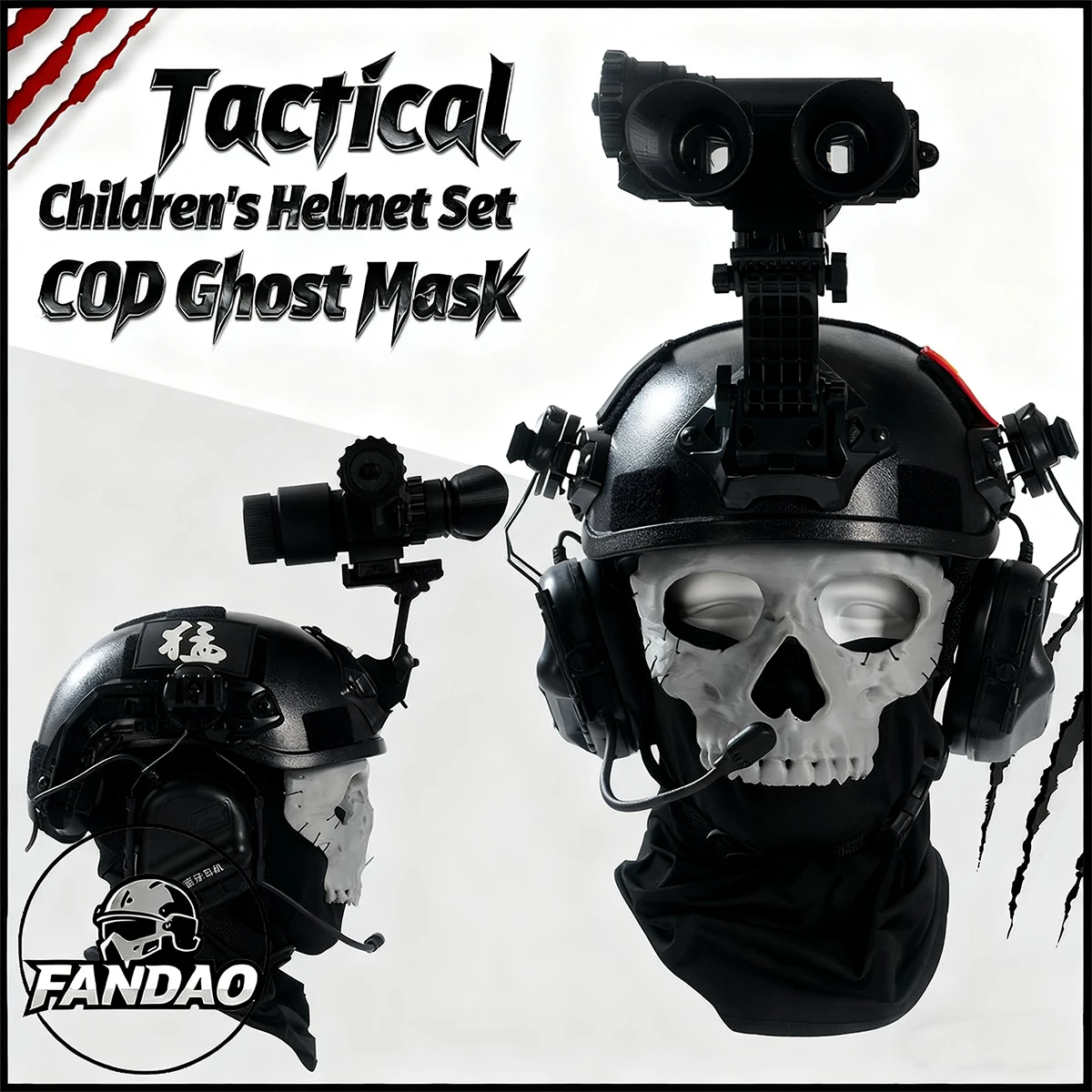 Children's Tactical Helmet Set with Night Vision Goggles Bluetooth Headset Ghost Mask Cod Cosplay Helmet Kit for Kid's Gifts