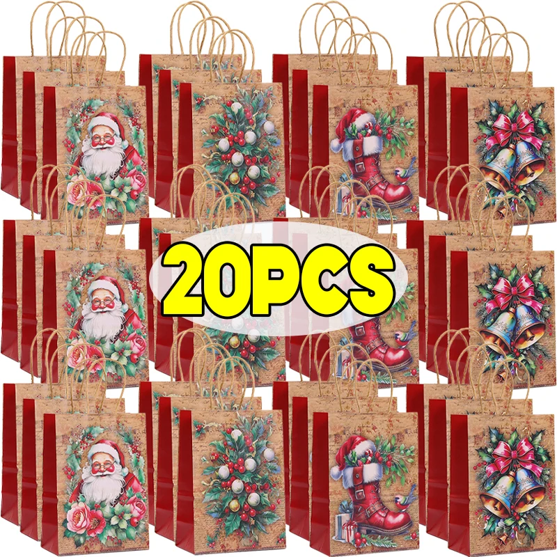 Dessin animé père noël cloche botte modèle Kraft sacs en papier cadeaux bonbons emballage pochette fête de noël décor sac à main sac fourre-tout ornement