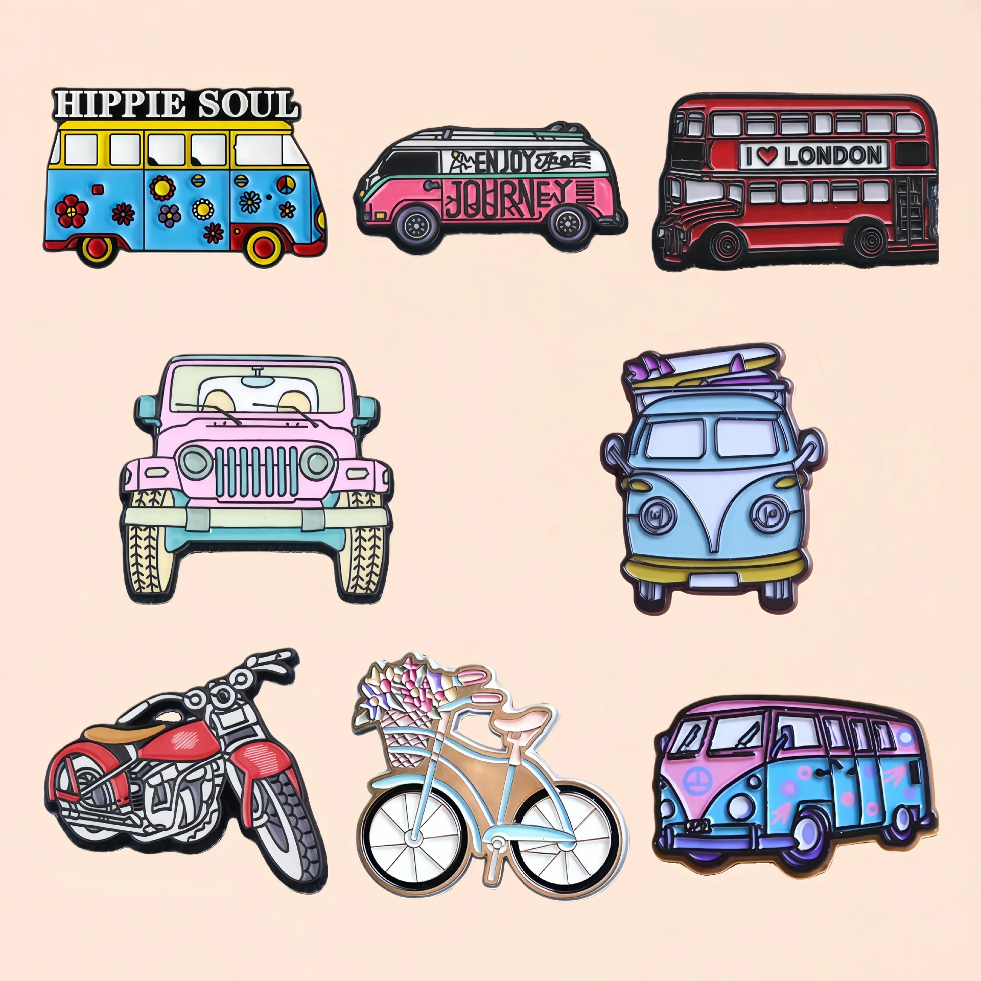 Cartoon Retro Vehicle Enamel Lapel Pins, Hippie Bus & Cute Transportation Brooch Badges for Backpack Clothing DIY Decor - view 3
