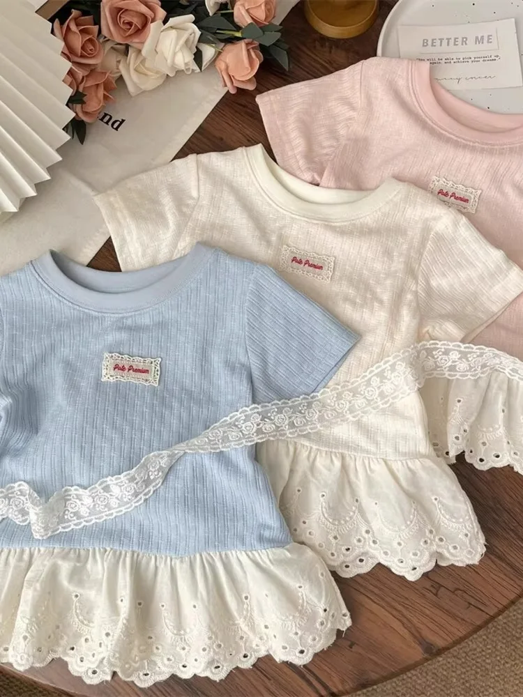 

Милая детская футболка для девочек с лоскутным кружевом, летняя новинка, юбка-топ для малышек