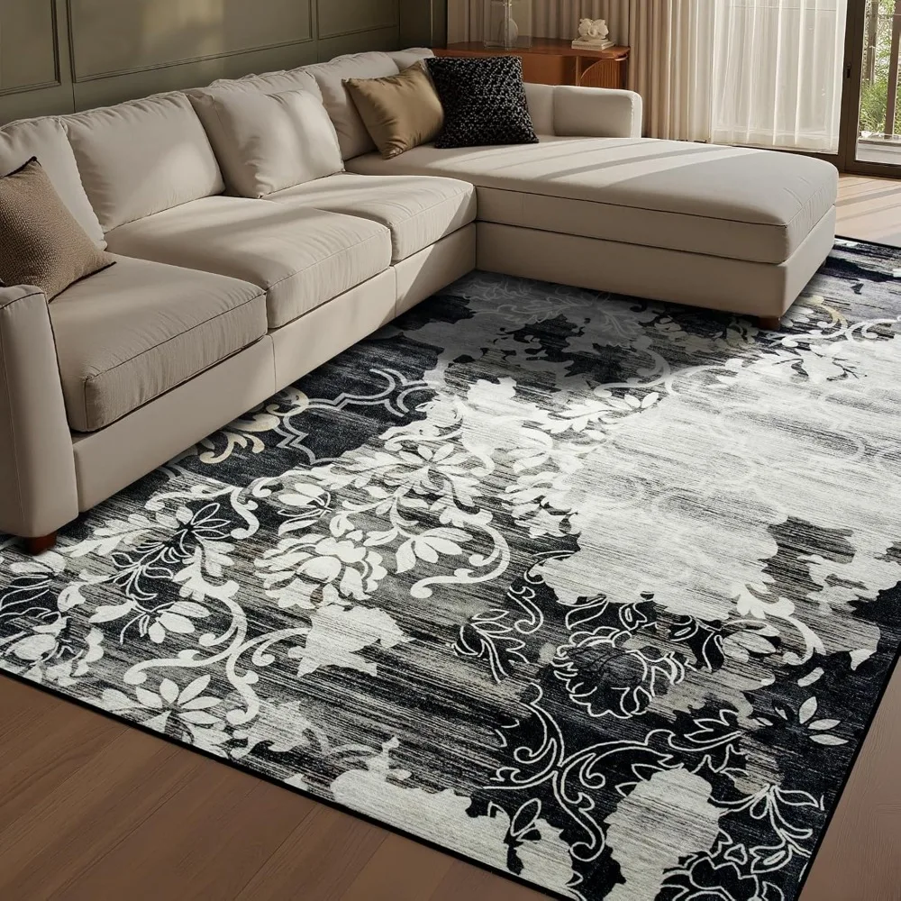 

Абстрактный коврик 5x7 Моющийся ковер с нескользящей подложкой Низкий ворсовый коврик Коврики для гостиной, спальни, столовой, черного цвета