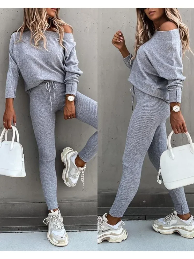 Fashion 2 Pieces Sets Women Solid Outfits Spring Autumn Sets Ladies Long sleeve Slash Neck Suits Streetwear Joggers Tracksuit