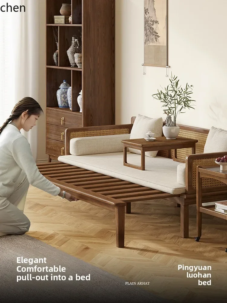 Solid Wood Sliding Bed Small Apartment White Ash Wood Pull-out Extendable Folding Bed
