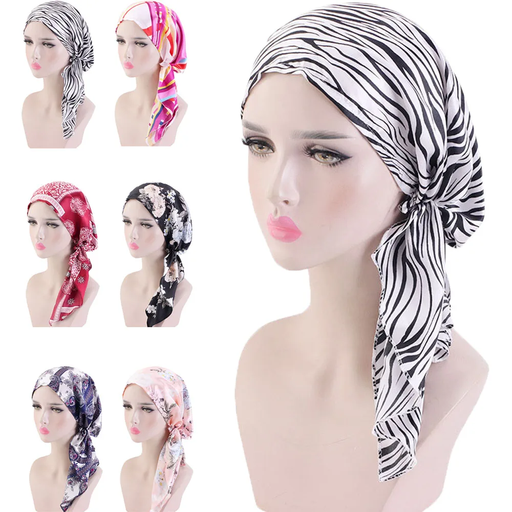 African Print Pre-Tied Hat Women Muslim Inner Hijab Bonnet Chemo Cancer Cap Stretch Beanies Headscarf Hair Loss Head Cover Wrap