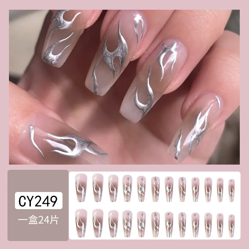 24 pçs metálico prata chama unhas falsas caixão longo cobertura completa artificial unhas falsas 3d bronzeamento linha cromo imprensa em unhas