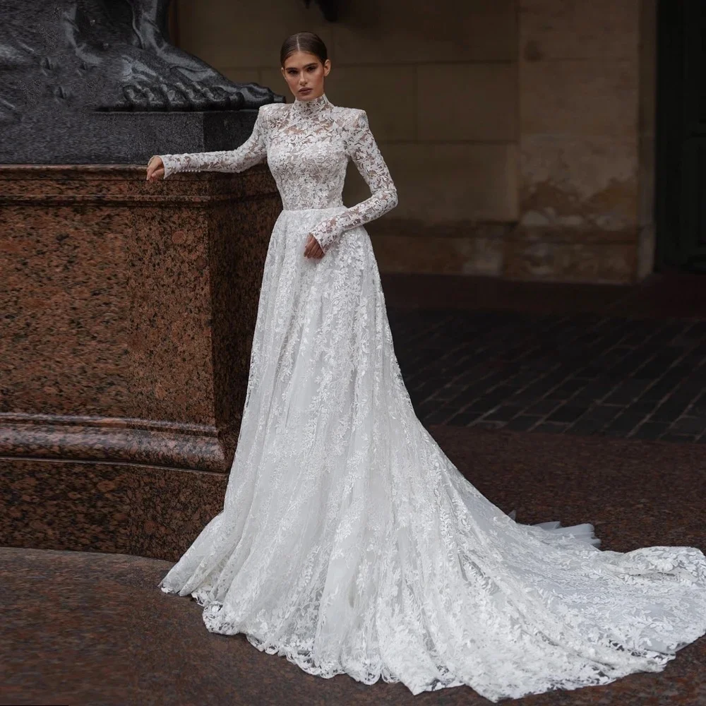 FW Customized Graceful A-Line WeddingDresses Lace Embroidery Vintage Robe De Mariee2024 Long Sleeve High Neck Vestido De Novia