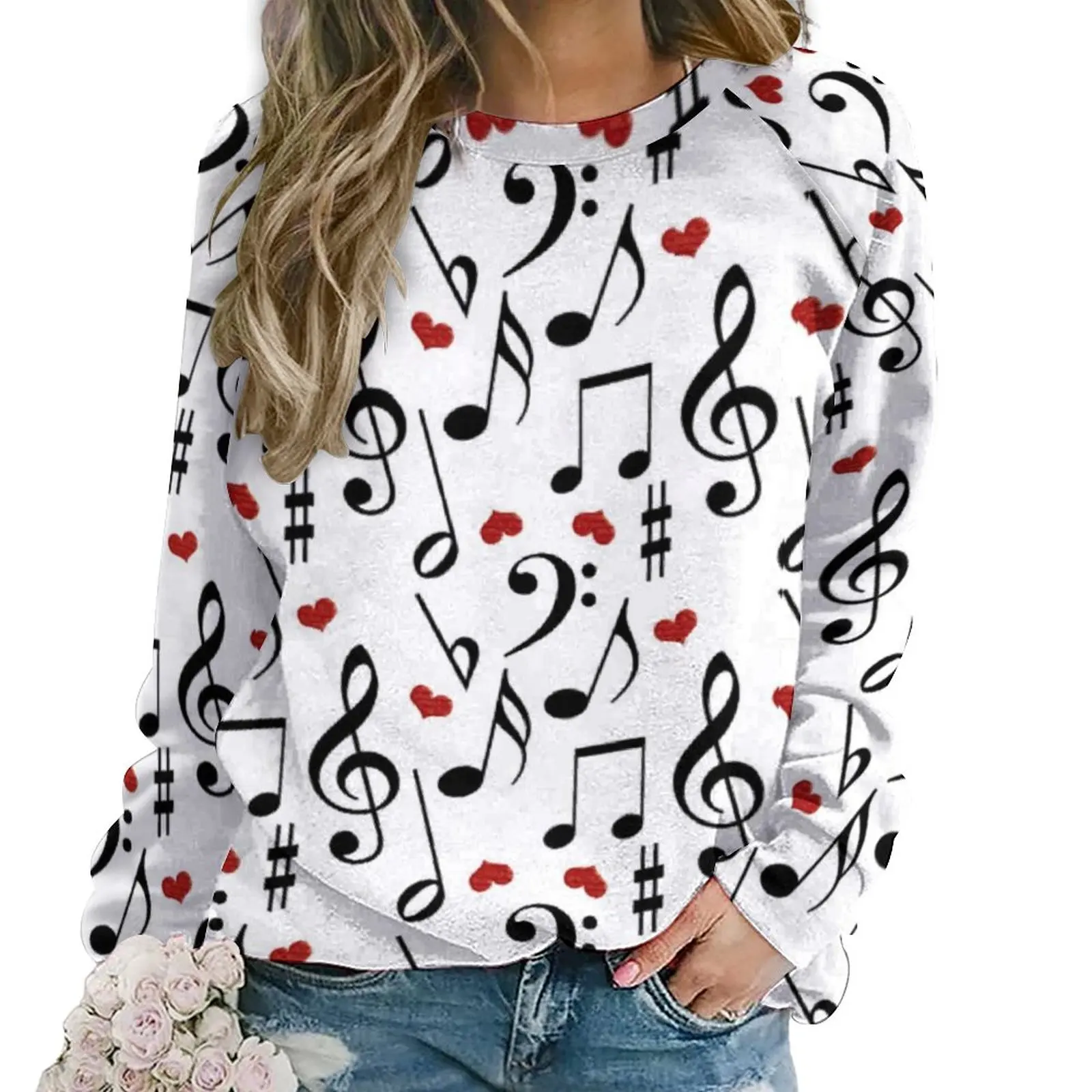 Music Note Hoodies Woman With Hearts Classic Casual Hoodie Autumn Long Sleeve Funny Pattern Sweatshirts Big Size