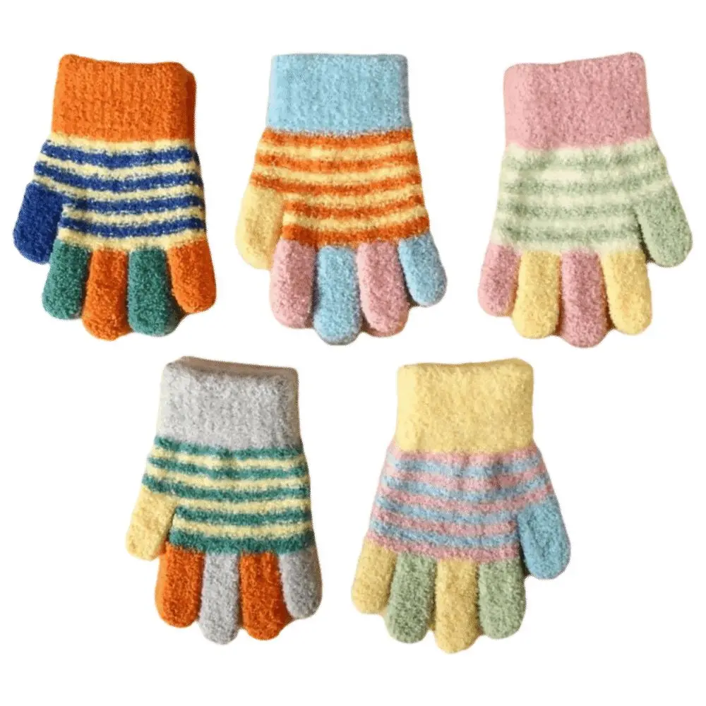 

Cute Stripe Knitted Gloves Thickened Children Full Fingers Gloves Windproof Gloves Winter Warm