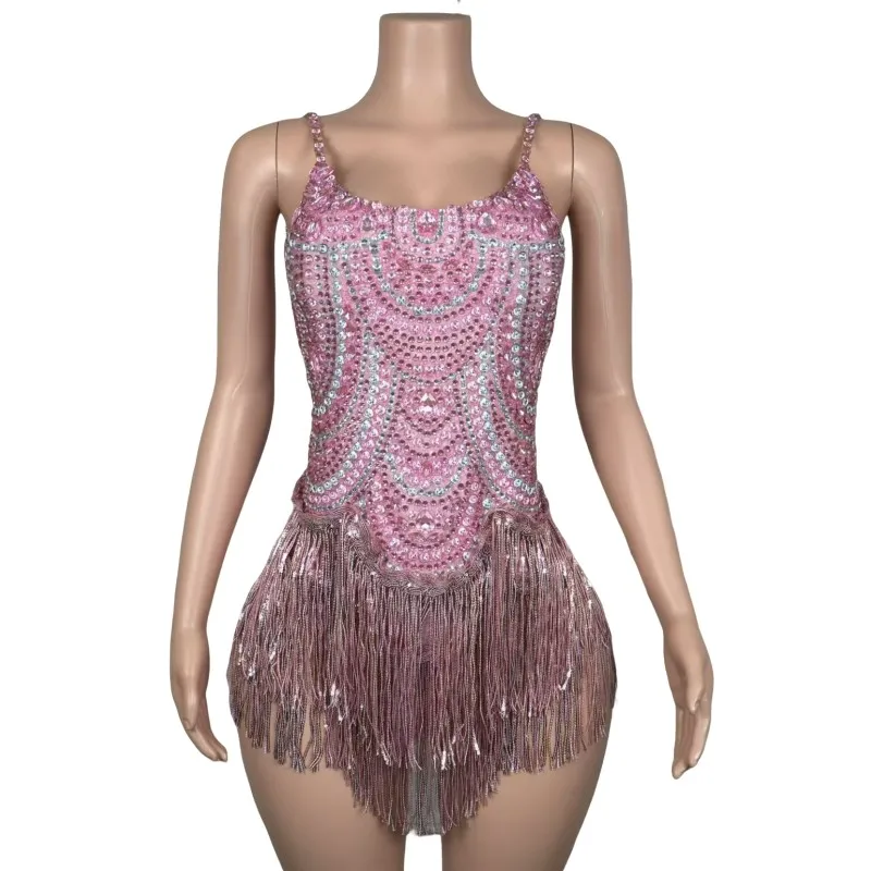 Luksusowy Złoty Różowy Kombinezon z Frędzlami i Cyrkoniami dla Kobiet, Seksowny Strój na Pokaz Klubowy, Scenę, dla Piosenkarki, Drużyny Tanecznej, Kostium na Występ