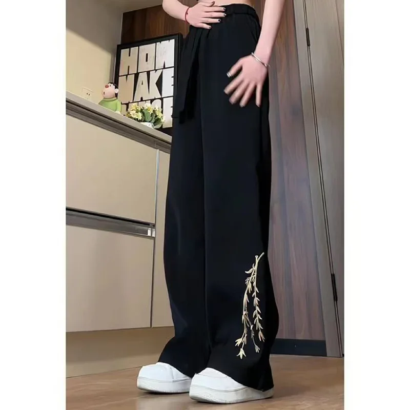 Casual pants female 2024 summer thin Chinese embroidery fashion temperament bamboo printing loose high waist pants.