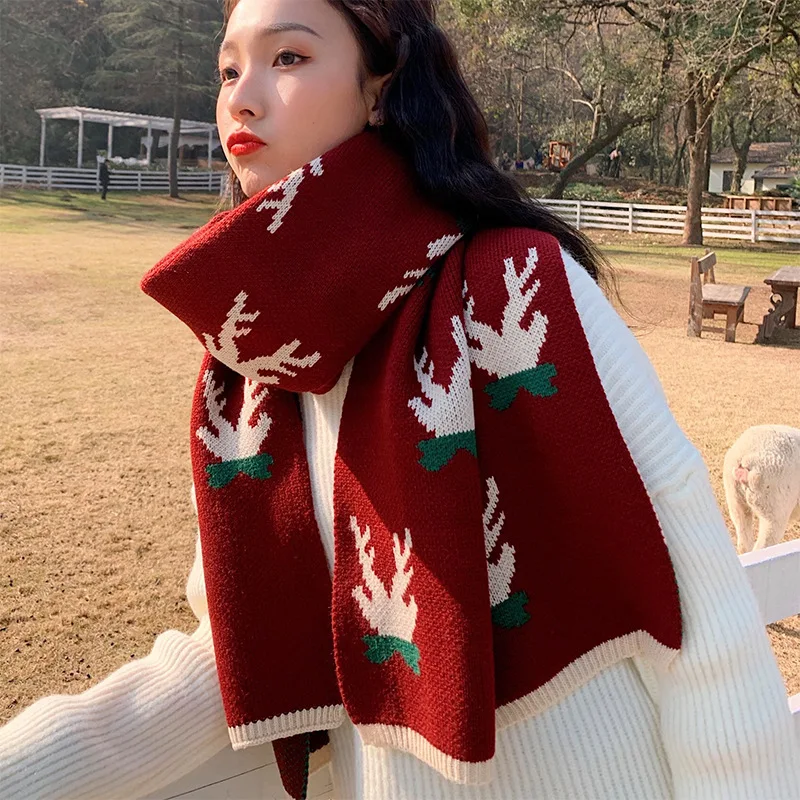 Merry Christmas gifts New Year Red  scarf knitted Scarf Deer Elk Plaid Scarfs Printed Snowflake Warm Soft Long Wrap Shawl