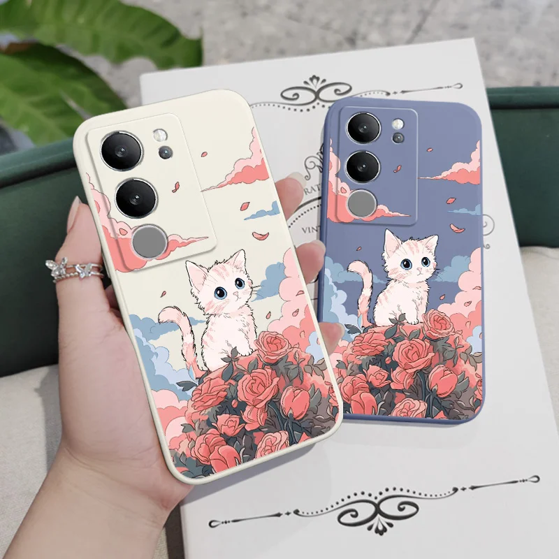 ローズキュートキャットフォンケース VIVO V50 V40 V30 V29 V29E V27 V27E V23 V23E V21 V20 Y20 Y12 Y21 Y22 Pro シリコンカバー