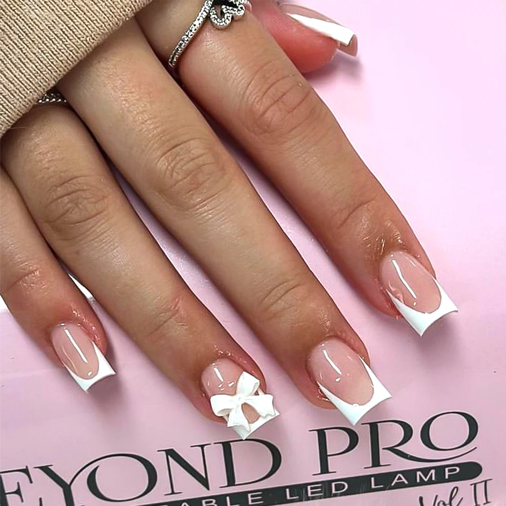 24Pcs White French Press On Nails 3D Bow Design Full Cover Wearable False Nails Short Square Head Ballet Fake Nails For Women