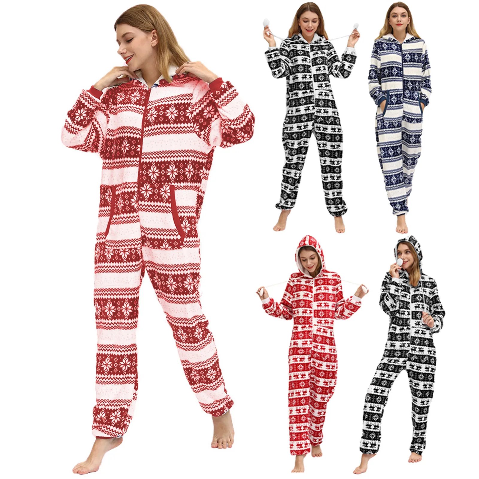 Women’s Christmas Printed Zipper Hooded Jumpsuit Nightgown Supersoft Thick Pajamas Slouchy Warm Loungewear Womens Sleepwear Set