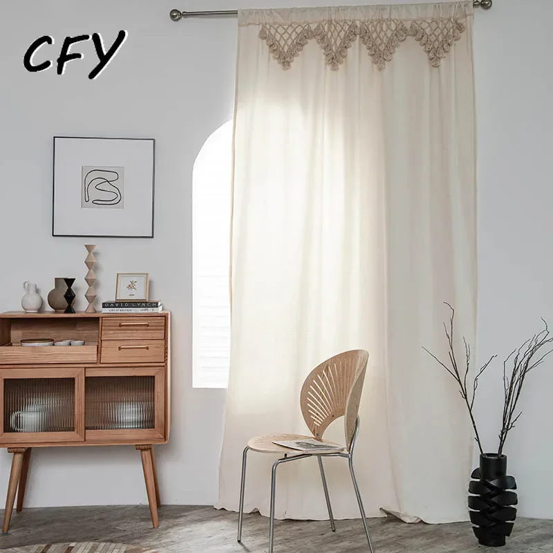 

Cotton Linen America Rural Thick Window Curtain Triangular Fringe Tassels Blackout Drapes for The Luxury Living Room Curtains