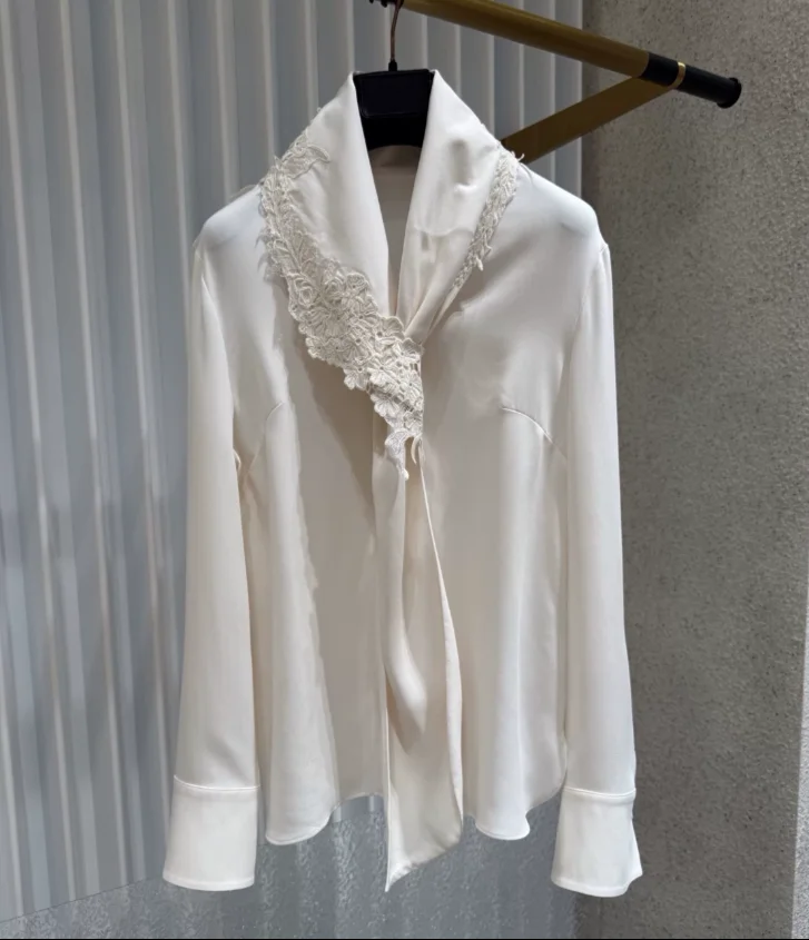Luxury 100% Mulberry Silk Blouse Women Ivory White Heavy Lace Bow Collar Shirt Long Sleeve Elegant Office Top