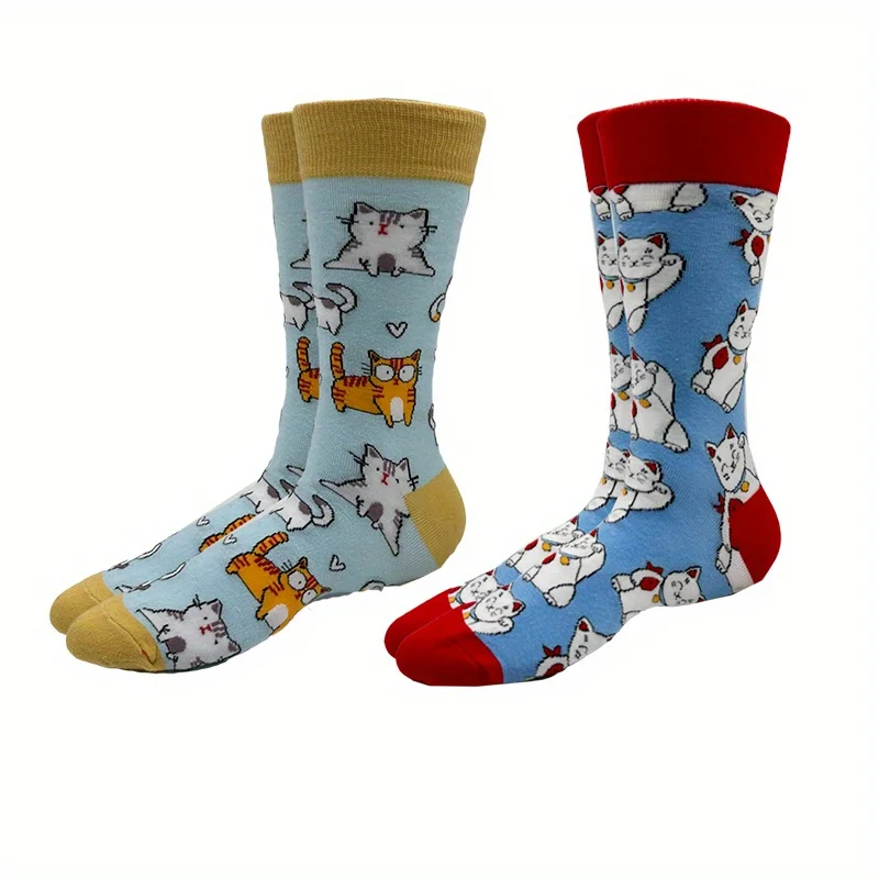 1pairs New Sock Men‘s Harajuku Funny Personality Color Blocking Cat Printing Hip Hop Simple Classic Creative Sock New