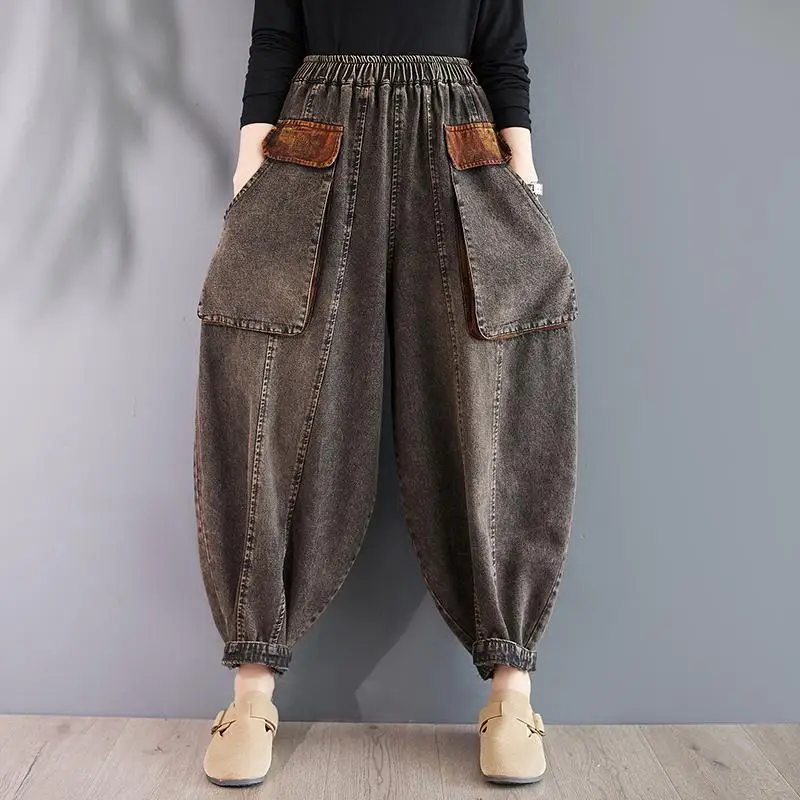 New Arrival Autumn Winter Arts Style Women Elastic Waist Vintage Loose Jeans Double Pockets Design Cotton Denim Harem Pants