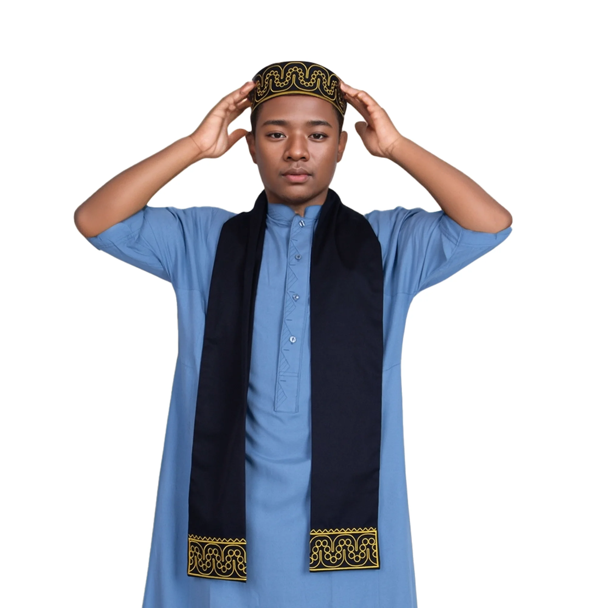 

Traditional Set Black and Gold Embroidered African Hat and Sash/scarf Wyb917