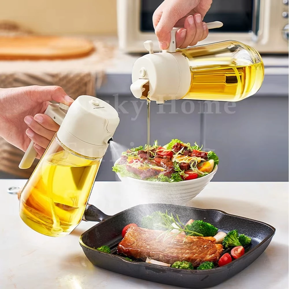 Bote de spray de aceite de vidrio de doble propósito, aceite para verter para el hogar, cocina, botella de spray de aceite 2 en 1, freidora de aire, botella de aceite en aerosol, botella de vidrio