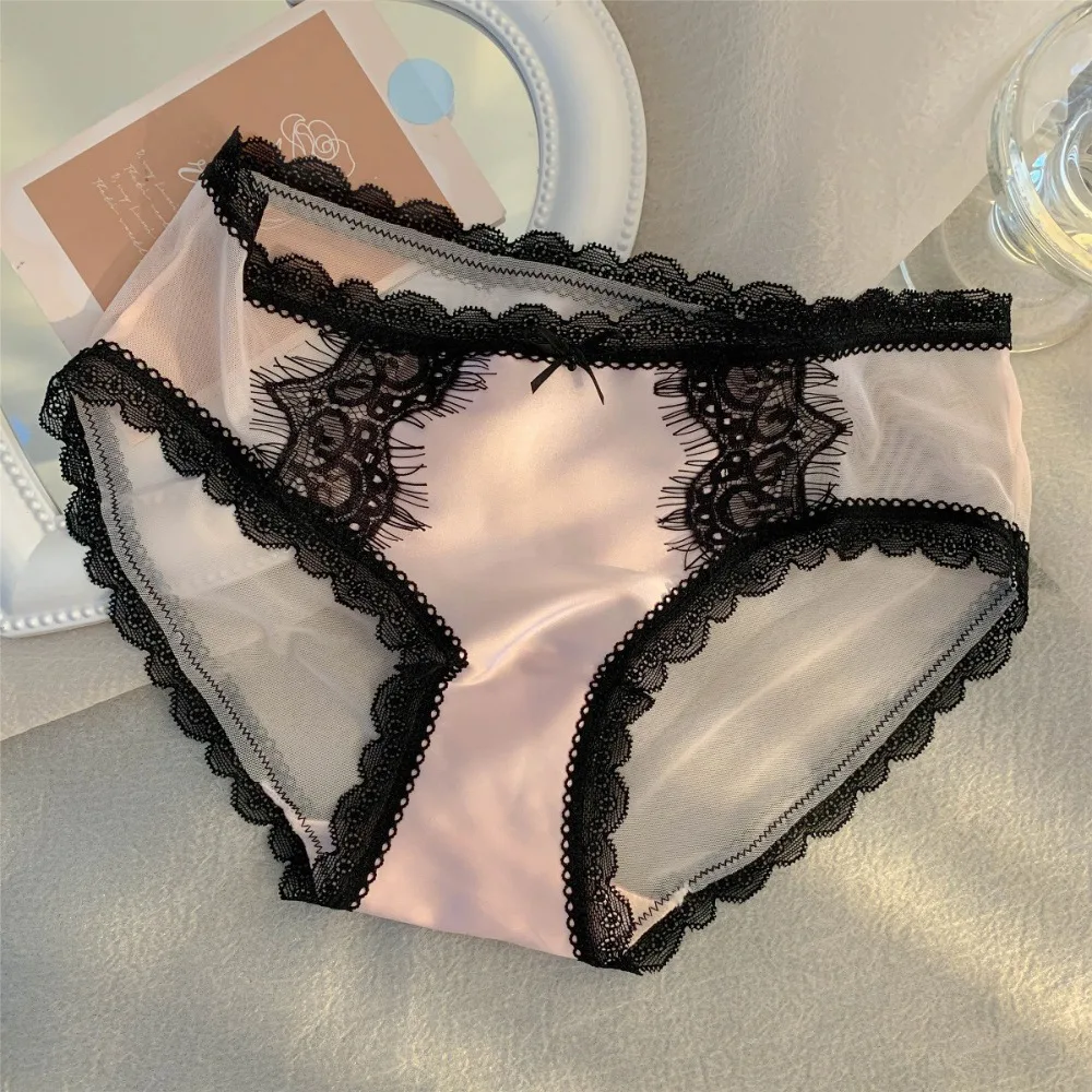 Culottes en dentelle taille basse douces avec nœud en maille, sous-vêtements en dentelle pour femme, lingerie en coton, slips en satin de soie pour fille