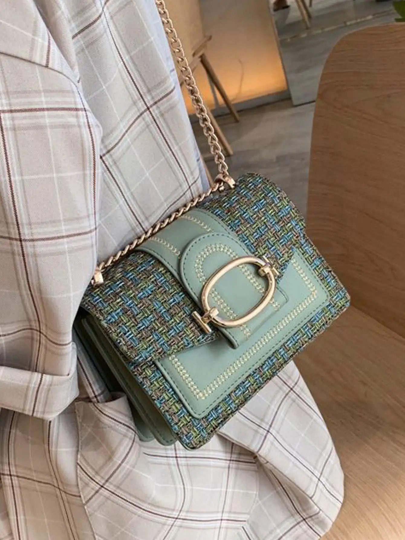 Mini Plaid Pattern Soft Woolen Shoulder Bag, Decorated Square Crossbody Bag With Chain Strap, Suitable For Daily Use