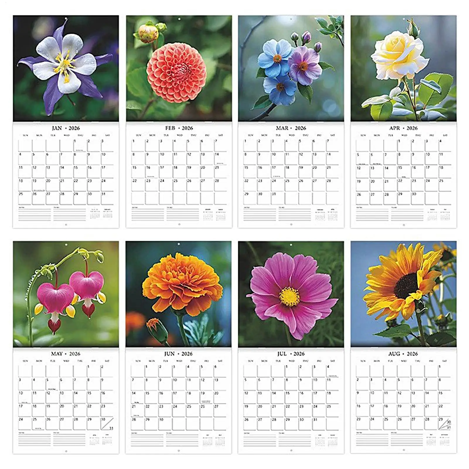 

2026 Flowers Themed Wall Calendar - 12-Month Cute Floral Design for Household Scenes, Durable Paper Material for Office
