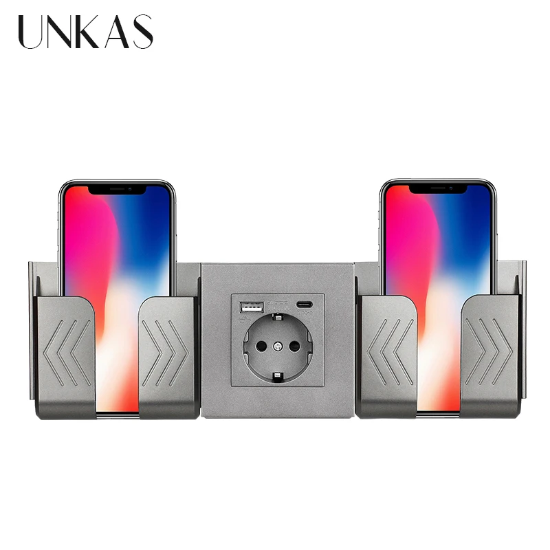 Сетевая розетка UNKAS с USB-портами, пластиковый держатель для вилки европейского стандарта, тройная электрическая быстрая зарядка, серого цвета, для России, Испании, Германии