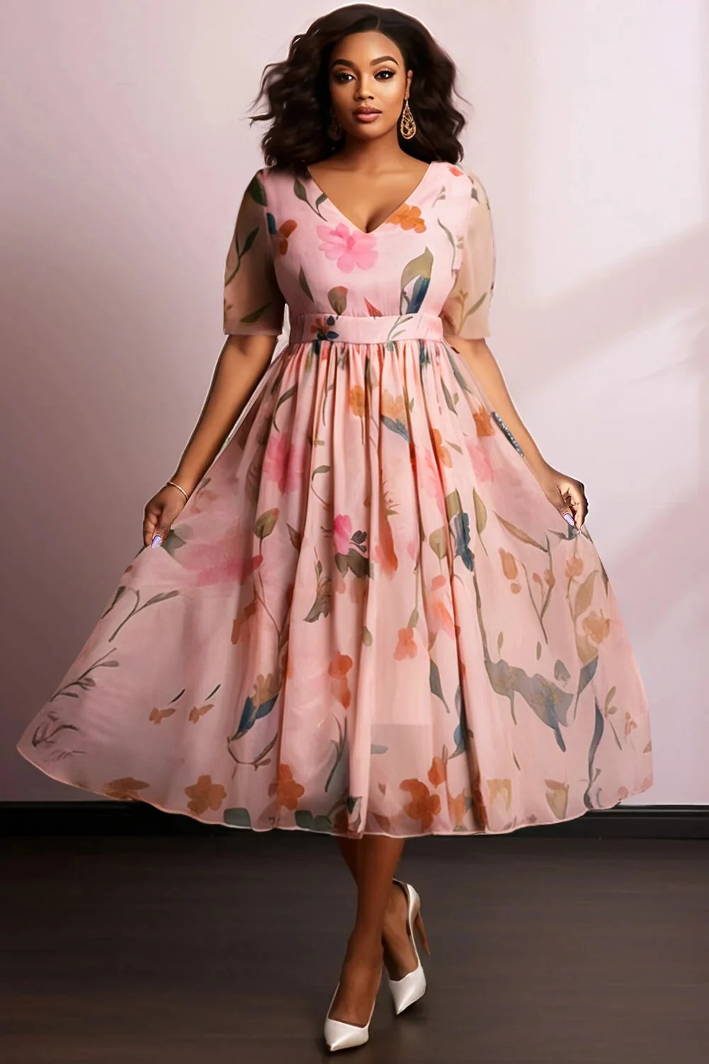 

Plus Size Vacation Elegant Pink Floral V Neck Short Sleeve Chiffon Midi Dresses