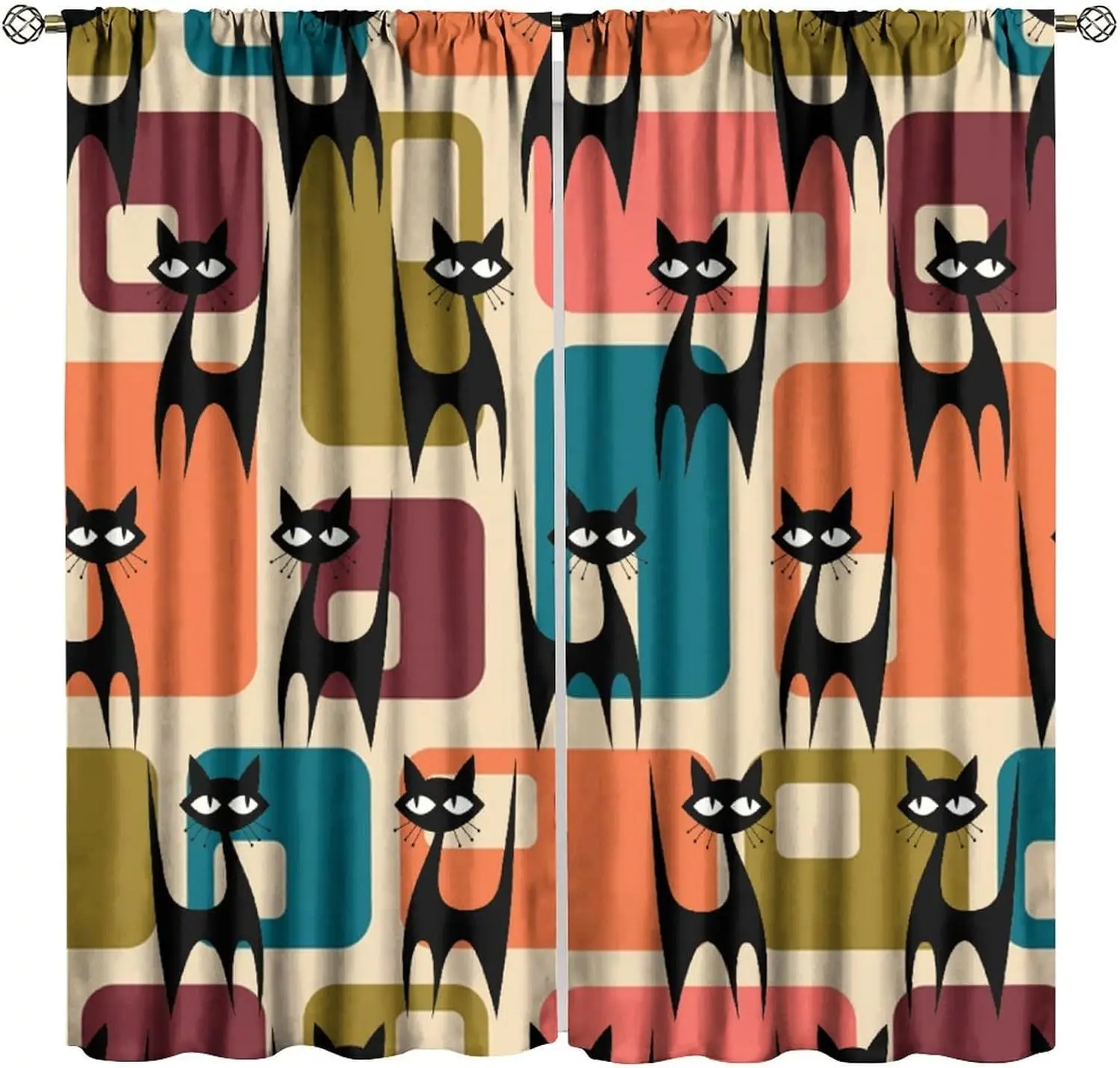 Middle Century Vintage Window Curtains,50s Retro Atomic Cats Window Treatments for Bedroom Living Room Kitchen Café Room Darking