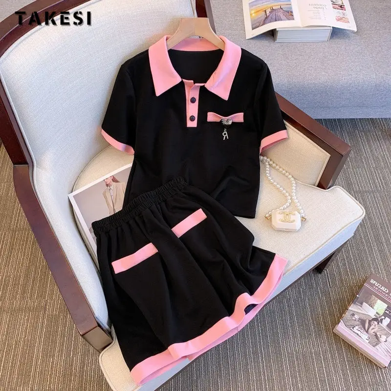 2024 Summer Preppy Style Patchwork Uniform Two Piece Set Women Short Sleeve Top + Elastic Waist Skirt Sweet Skirt 2 Piece Set