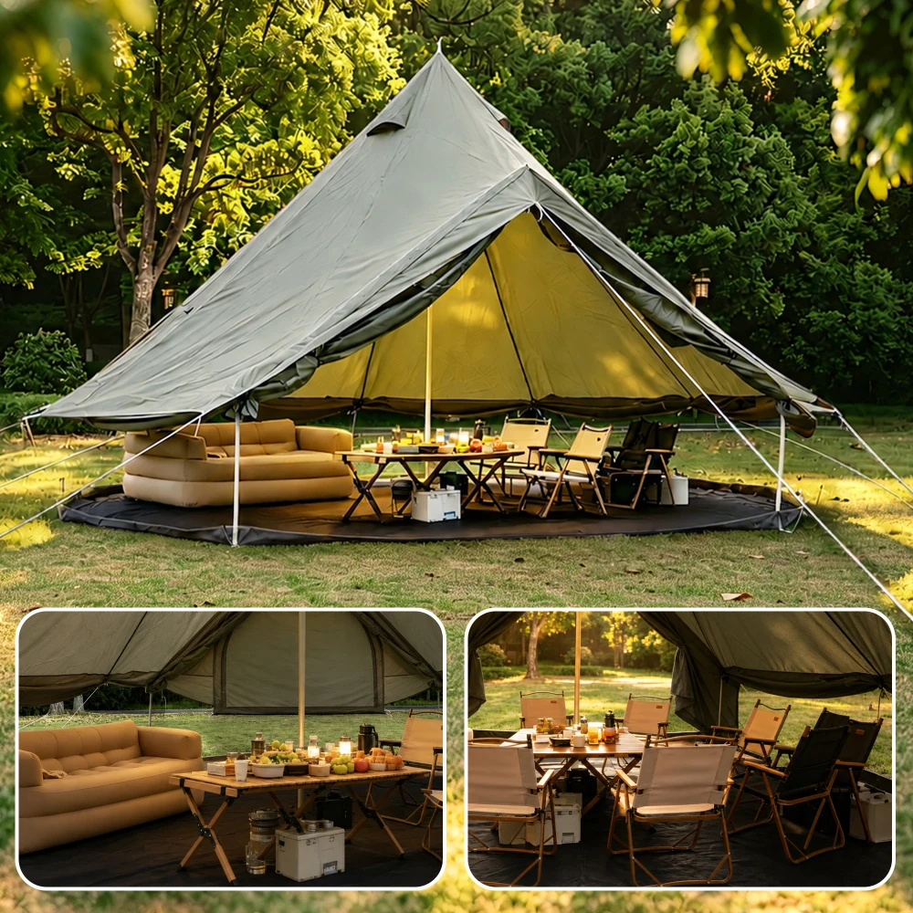 A Green, Warm Oxford Bell Tent Suitable for All Seasons. Oxford Tents Are Ideal for Family Camping - Spacious 13.1-foot Yurt-style Tents with Stove Chimneys, Large Luxury Camping Tents Accommodating 4-8 People.